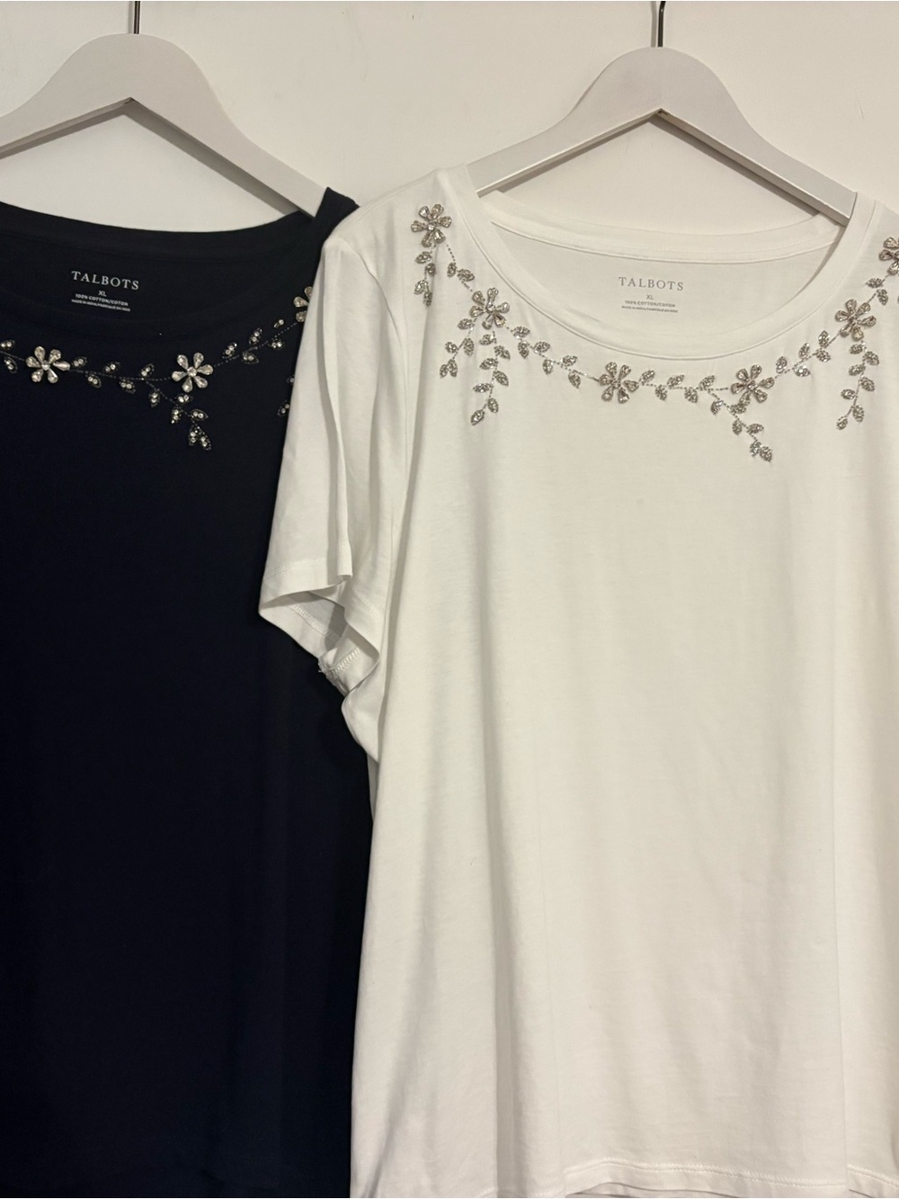 Talbots White & Navy Short Sleeve Tees with Crystal Floral Trim